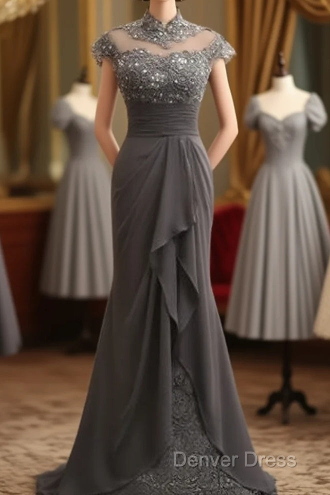 Slim Fit Column Chiffon Lace High Neck Short Sleeved And Floor Length Style Mother Of The Bride Dresses Main image