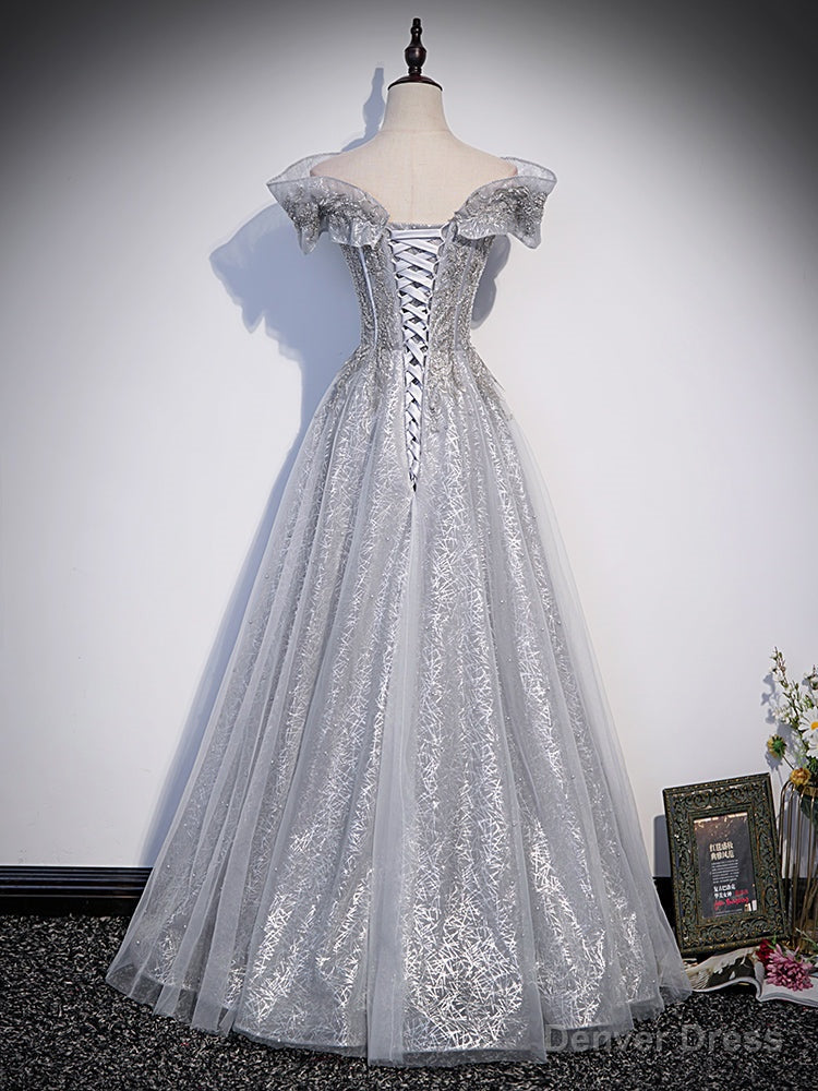 Sliver Grey Shiny Tulle Off Shoulder Prom Dress, Sliver Long Prom Dresses