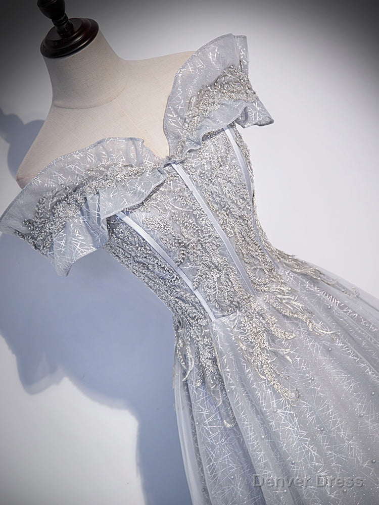 Sliver Grey Shiny Tulle Off Shoulder Prom Dress, Sliver Long Prom Dresses