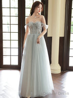 Sliver Grey Tulle Beaded Straps Long Prom Dress, Grey Tulle Prom Dresses