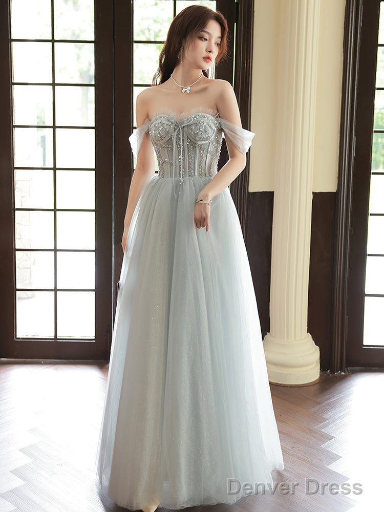 Sliver Grey Tulle Beaded Straps Long Prom Dress, Grey Tulle Prom Dresses