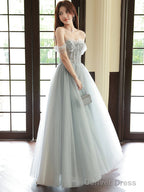 Sliver Grey Tulle Beaded Straps Long Prom Dress, Grey Tulle Prom Dresses