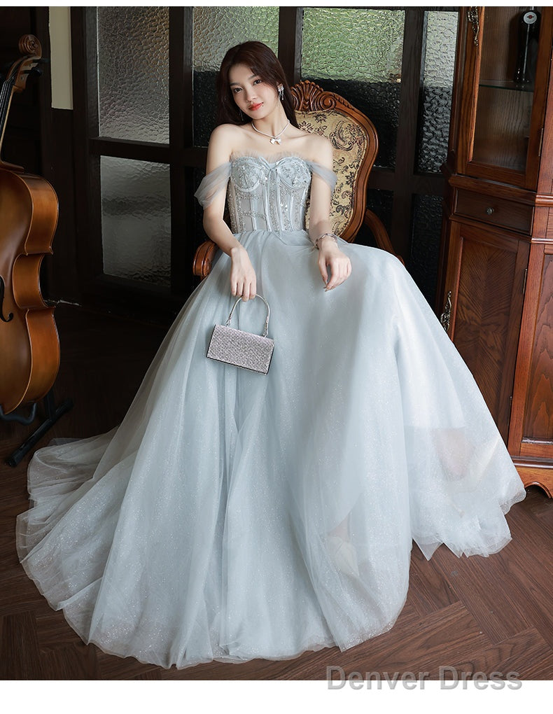 Sliver Grey Tulle Beaded Straps Long Prom Dress, Grey Tulle Prom Dresses