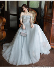 Sliver Grey Tulle Beaded Straps Long Party Dress, Grey Tulle Formal Dress