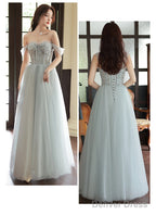 Sliver Grey Tulle Beaded Straps Long Prom Dress, Grey Tulle Prom Dresses