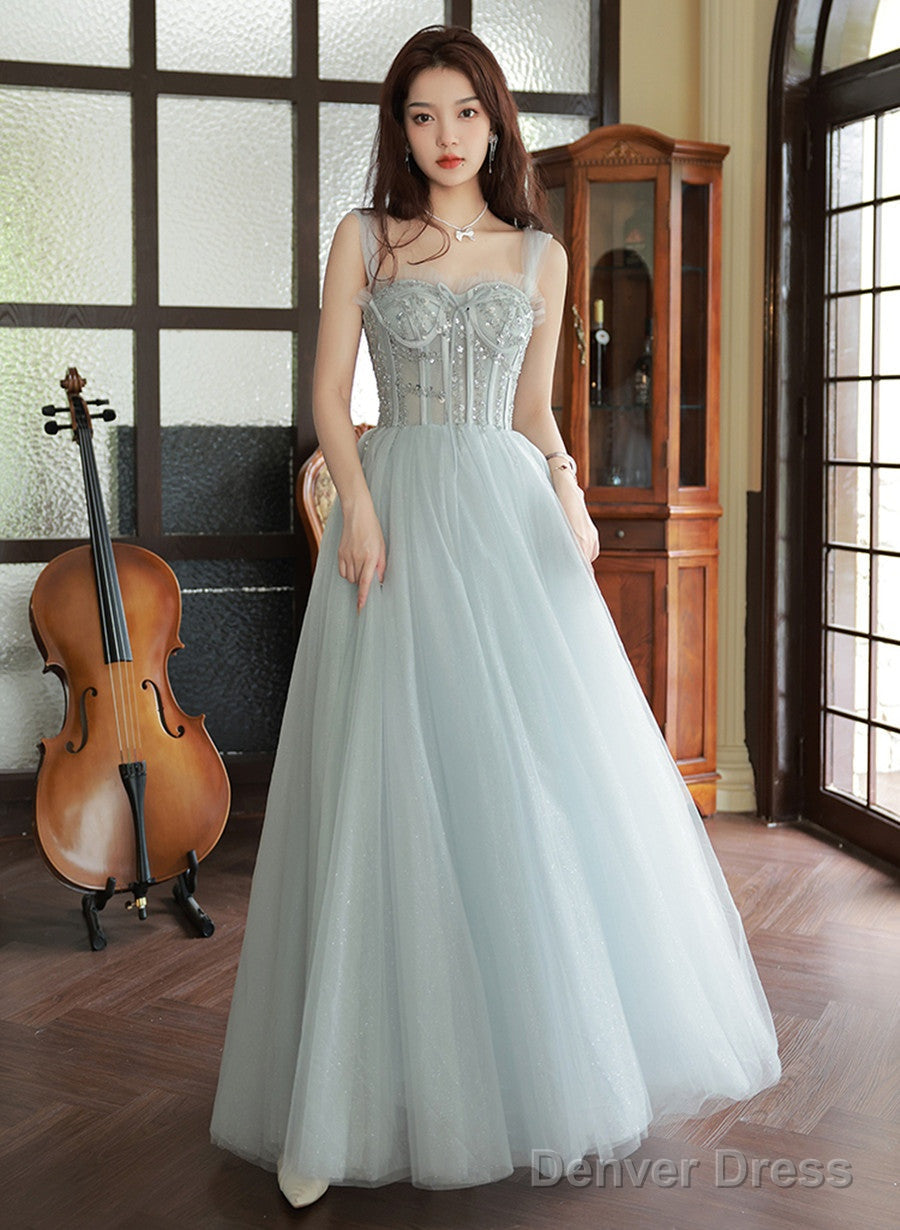 Sliver Grey Tulle Beaded Straps Long Prom Dress, Grey Tulle Prom Dresses Main image