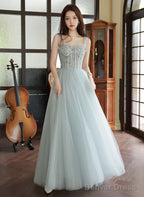 Sliver Grey Tulle Beaded Straps Long Prom Dress, Grey Tulle Prom Dresses