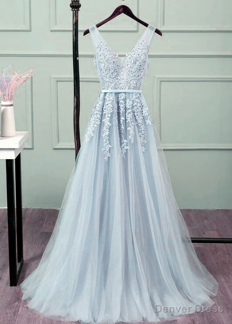 Sliver Grey Tulle Long Lace V Neckline Prom Dress, Floor Length Prom Dresses