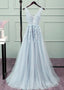 Sliver Grey Tulle Long Lace V Neckline Prom Dress, Floor Length Prom Dresses