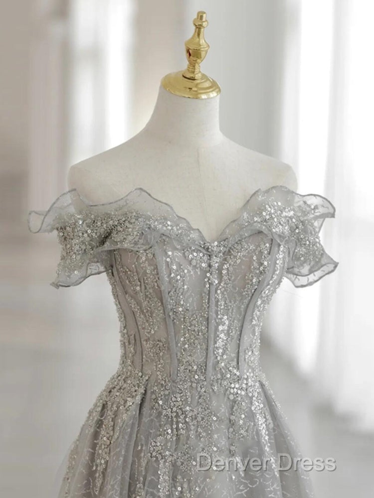 Sliver-Grey Tulle With Sequins Long Party Dresses,A-Line Floor Length Prom Dresses Secondary image