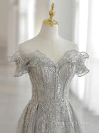 Sliver-Grey Tulle With Sequins Long Party Dresses,A-Line Floor Length Prom Dresses