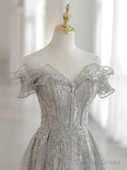 Sliver-Grey Tulle With Sequins Long Party Dress,A-Line Floor Length Prom Dresses