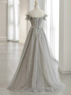 Sliver-Grey Tulle With Sequins Long Party Dresses,A-Line Floor Length Prom Dresses