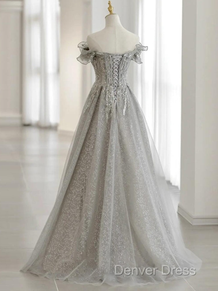 Sliver-Grey Tulle With Sequins Long Party Dresses,A-Line Floor Length Prom Dresses