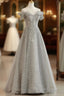 Sliver-Grey Tulle With Sequins Long Party Dresses,A-Line Floor Length Prom Dresses