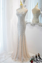 Sliver Sequins Mermaid Straps Long Evening Gown Prom Dresses, Long Party Dresses Formal Dresses