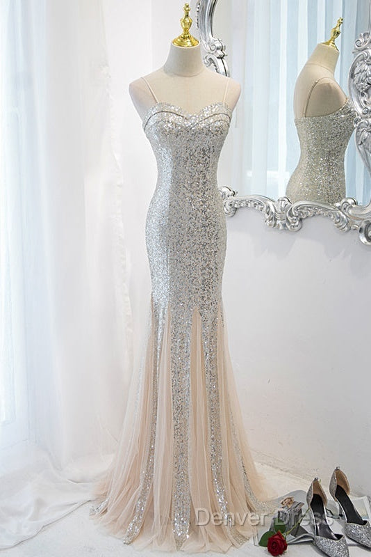 Sliver Sequins Mermaid Straps Long Evening Gown Prom Dresses, Long Party Dresses Formal Dresses