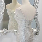 Sliver Sequins Mermaid Straps Long Evening Gown Prom Dresses, Long Party Dresses Formal Dresses