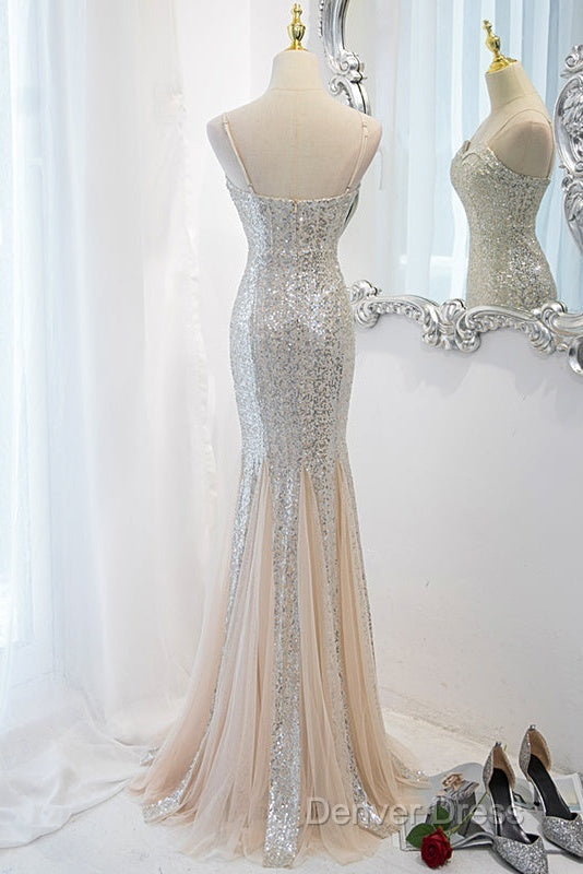 Sliver Sequins Mermaid Straps Long Evening Gown Prom Dresses, Long Party Dresses Formal Dresses