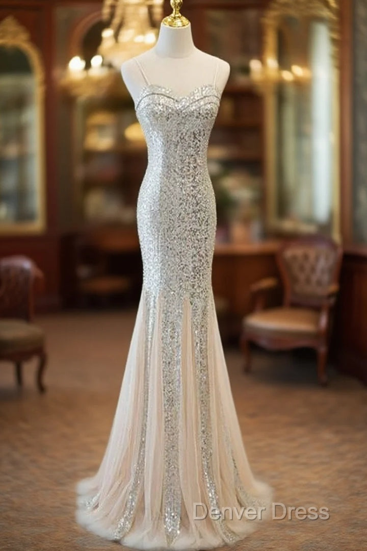 Sliver Sequins Mermaid Straps Long Evening Gown Prom Dresses, Long Party Dresses Formal Dresses