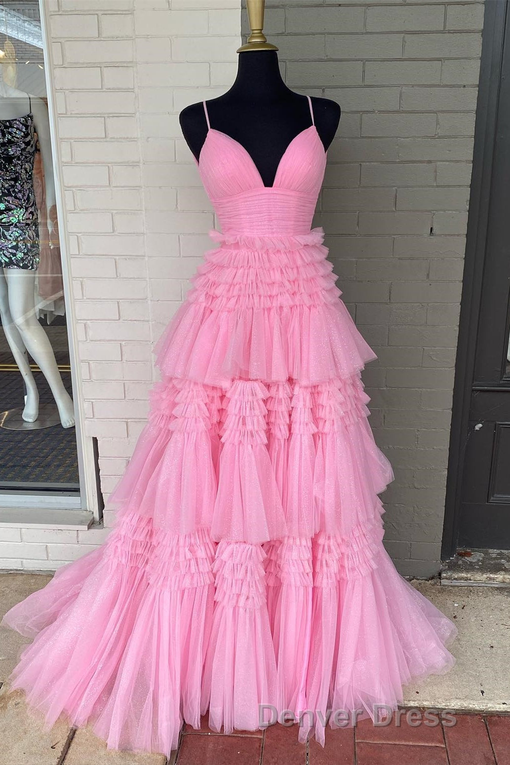 Princess Pink Tiered Layers Tulle Long Prom Gowns