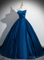 Somple Blue Satin Strapless Pleats Prom Dresses