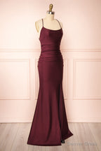 Burgundy Prom Dress, Sheath Column Scoop Neck Silk like Satin Floor Length Ruffles Bridesmaid Dresses