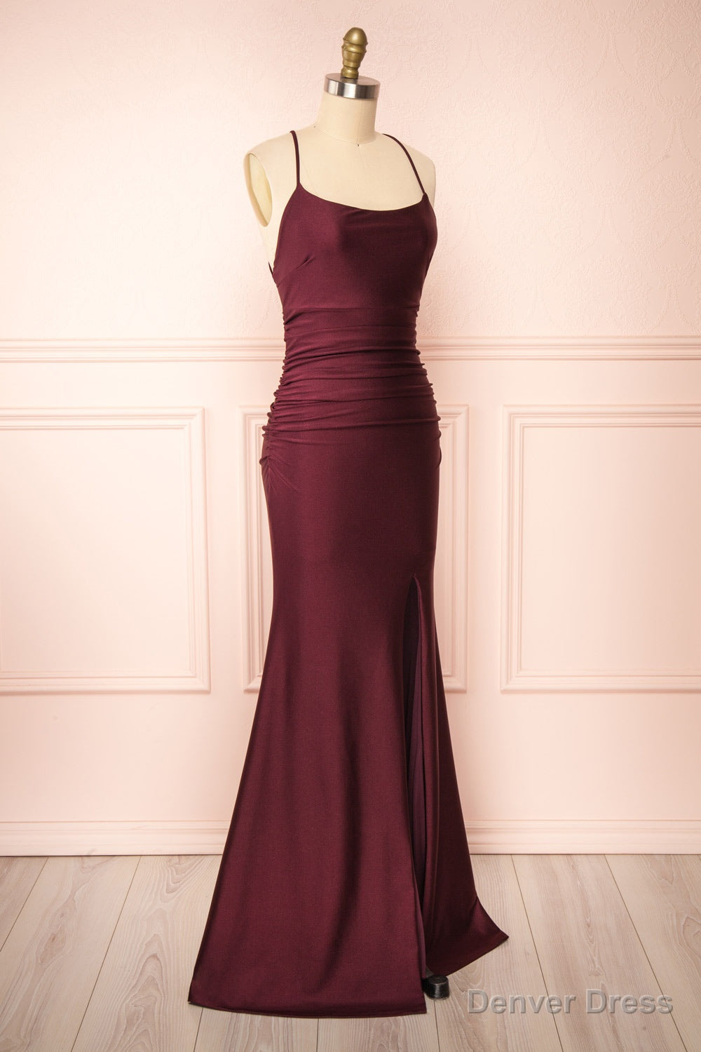 Burgundy Prom Dress, Sheath Column Scoop Neck Silk like Satin Floor Length Ruffles Bridesmaid Dresses