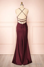 Burgundy Prom Dress, Sheath Column Scoop Neck Silk like Satin Floor Length Ruffles Bridesmaid Dresses