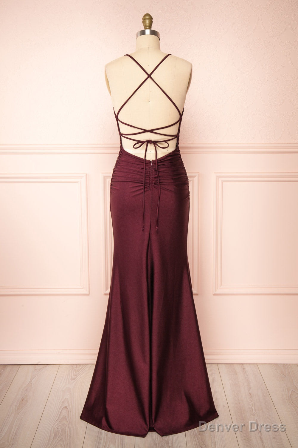 Burgundy Prom Dress, Sheath Column Scoop Neck Silk like Satin Floor Length Ruffles Bridesmaid Dresses