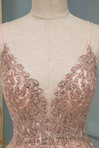 Spagehetti-Strap V-Neck Sleeveless Prom Dresses with Beading