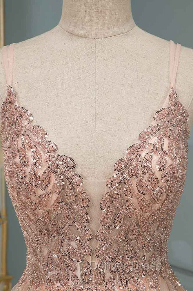 Spagehetti-Strap V-Neck Sleeveless Prom Dresses with Beading