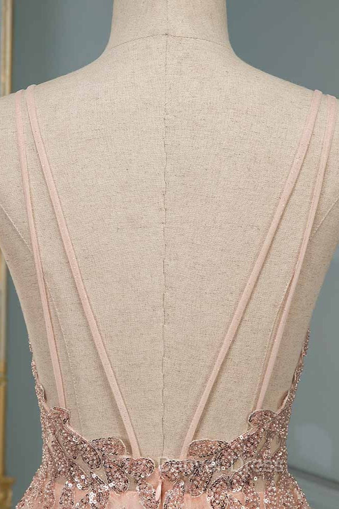 Spagehetti-Strap V-Neck Sleeveless Prom Dresses with Beading