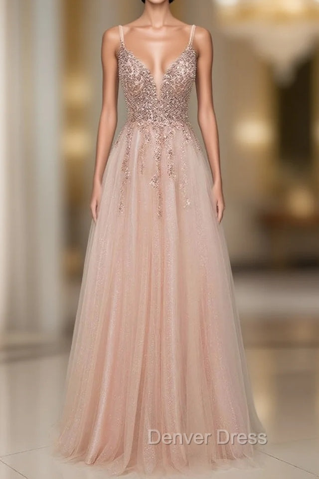 Spagehetti Strap V Neck Sleeveless Prom Dresses with Beading