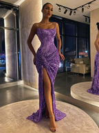 Purple Shiny Sequins Spaghetti Straps Long Slim High Slit Sexy Mermaid Ball Gowns Prom Dress