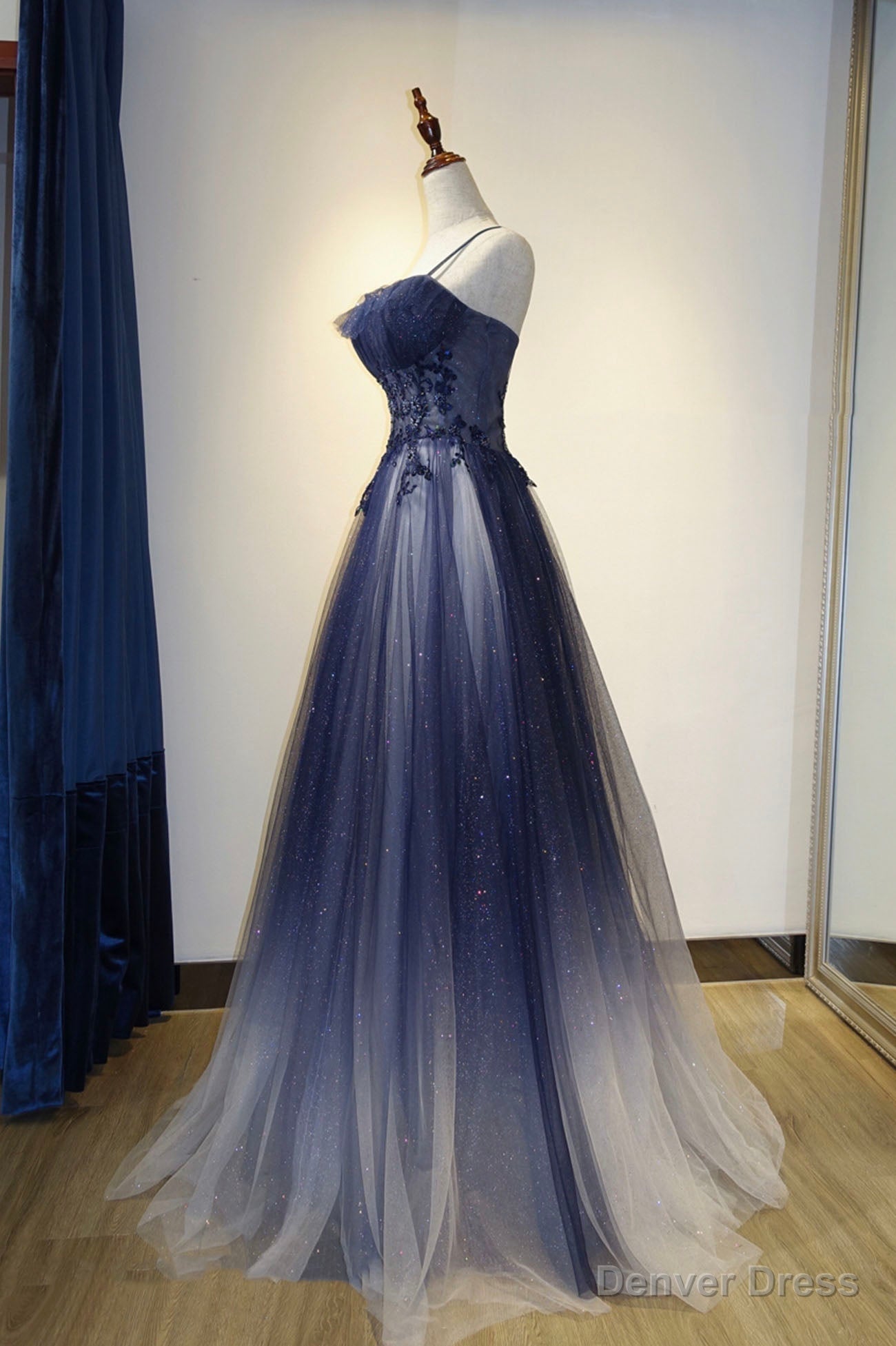 Spaghetti Strap Gradient Tulle Long Prom Dress, Blue Prom Dresses
