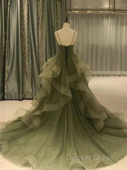 Spaghetti Strap Green A Line Long Prom Dresses Formal Evening Gown Party Dresses