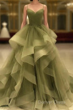Spaghetti Strap Green A Line Long Prom Dress Prom Gowns Prom Dresses