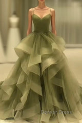 Spaghetti Strap Green A Line Long Prom Dresses Formal Evening Gown Party Dresses
