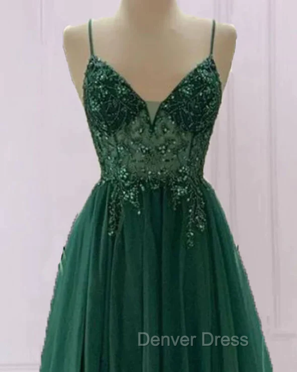 Spaghetti Strap Green A Line Long Prom Dress V Neck Prom Gowns Prom Dresses