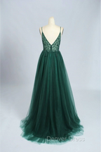 Spaghetti Strap Green A Line Long Prom Dress V Neck Prom Gowns Prom Dresses