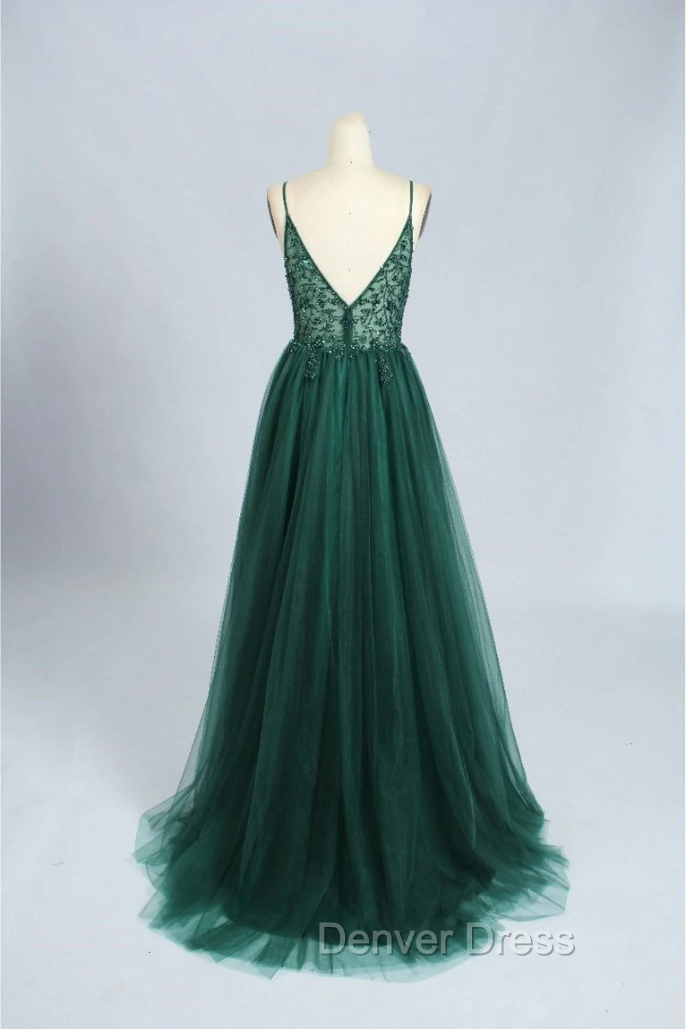Spaghetti Strap Green A Line Long Prom Dress V Neck Prom Gowns Prom Dresses