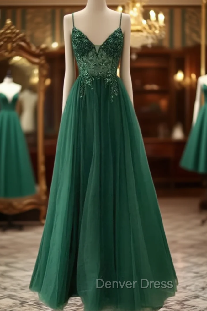 Spaghetti Strap Green A Line Long Prom Dress V Neck Prom Gowns Prom Dresses