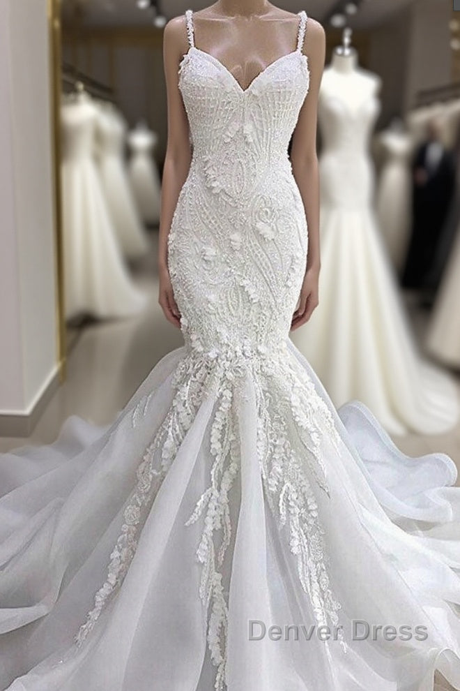 Spaghetti Strap Real Model White Mermaid Wedding Dresses with AmazingLace Appliques Main image