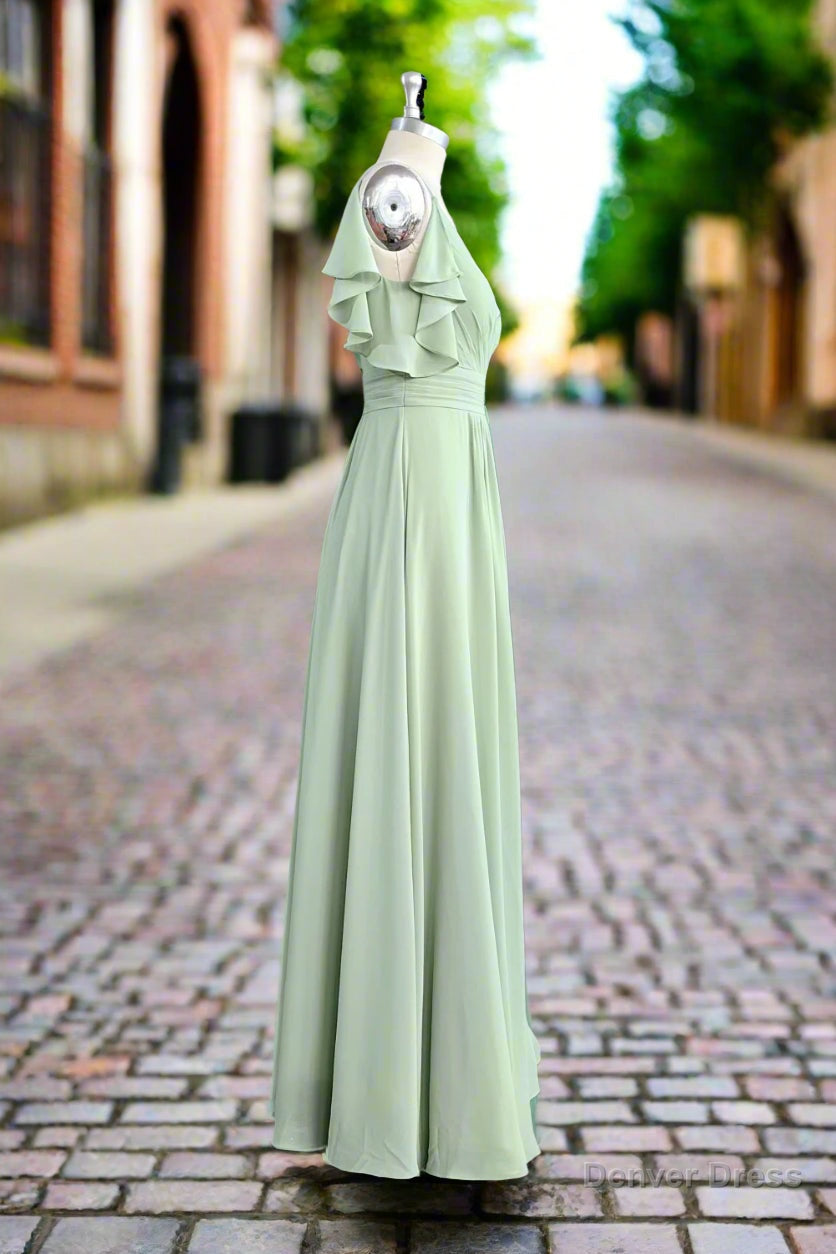 Spaghetti Strap Ruffles V Neck Chiffon Dusty Sage Green Bridesmaid Dresses Secondary image