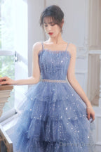Spaghetti Strap Tulle Short Prom Dress, Cute Blue Homecoming Prom Dresses