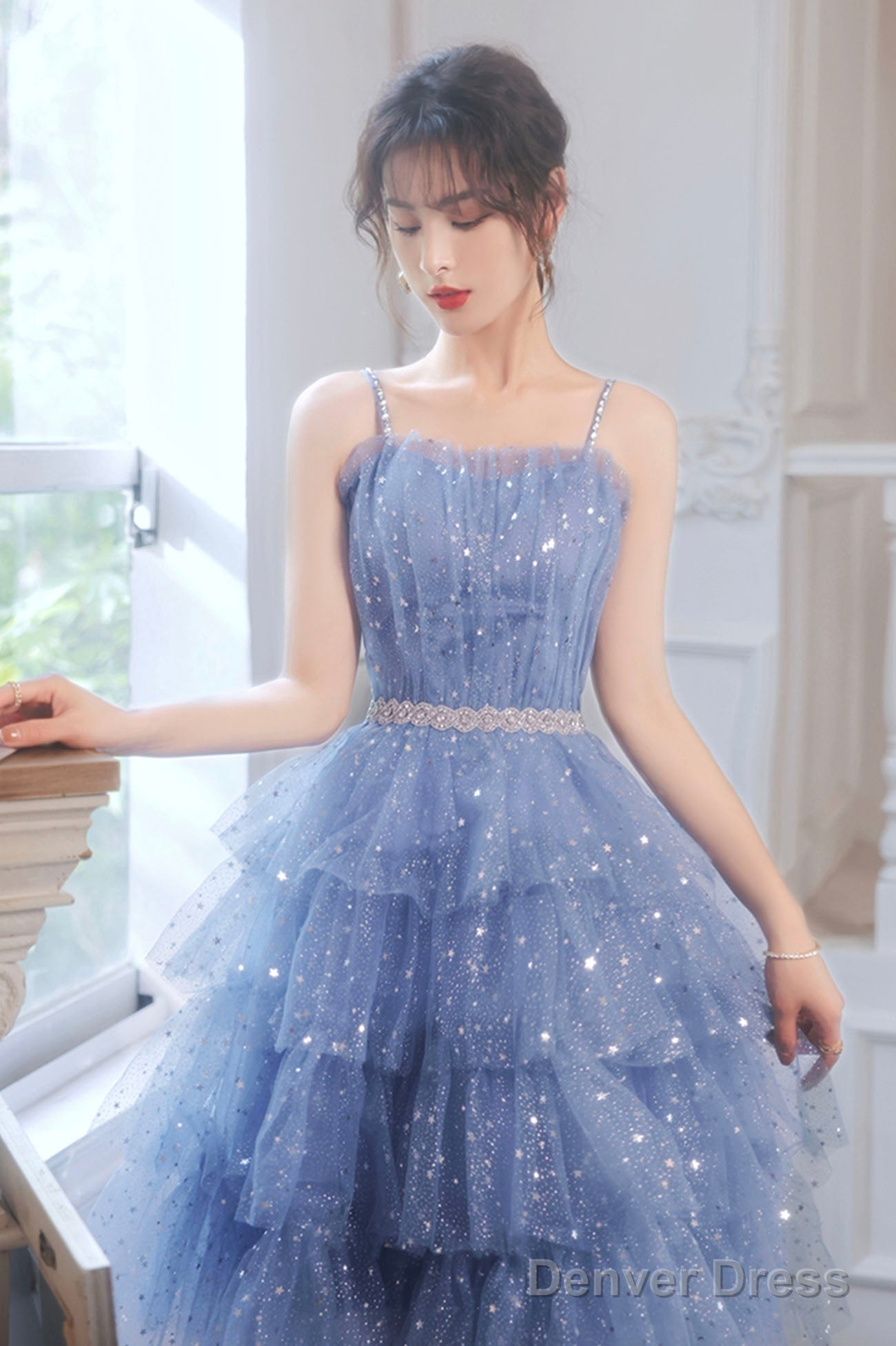 Spaghetti Strap Tulle Short Prom Dress, Cute Blue Homecoming Prom Dresses