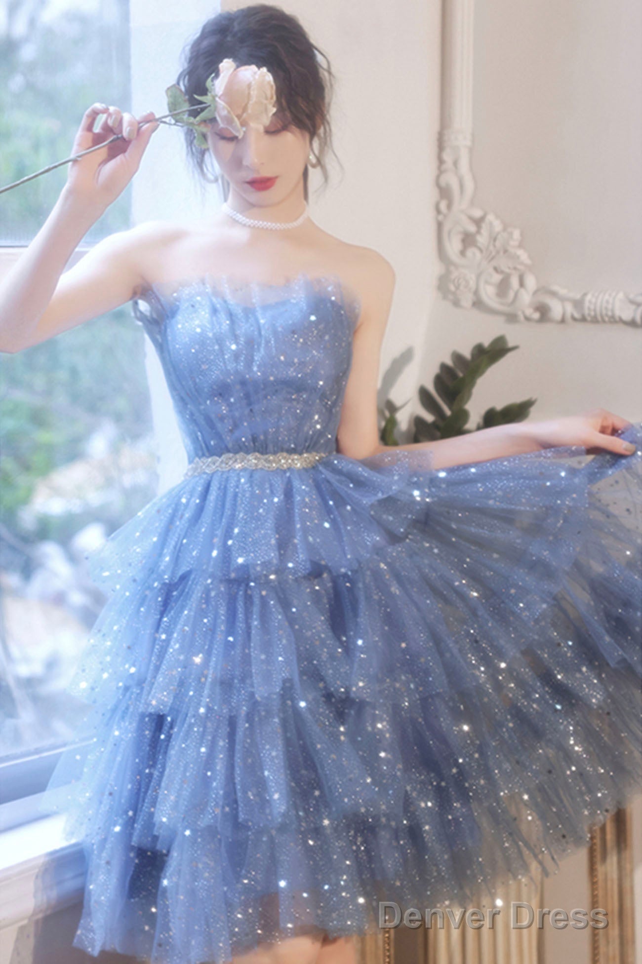 Spaghetti Strap Tulle Short Prom Dress, Cute Blue Homecoming Prom Dresses