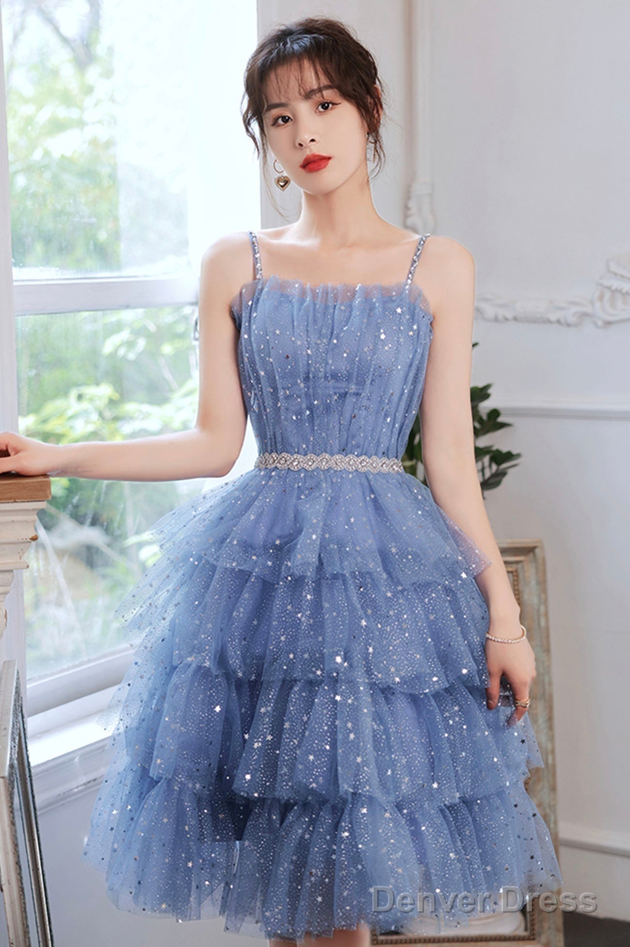 Spaghetti Strap Tulle Short Prom Dress, Cute Blue Homecoming Prom Dresses