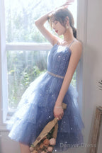 Spaghetti Strap Tulle Short Prom Dress, Cute Blue Homecoming Prom Dresses